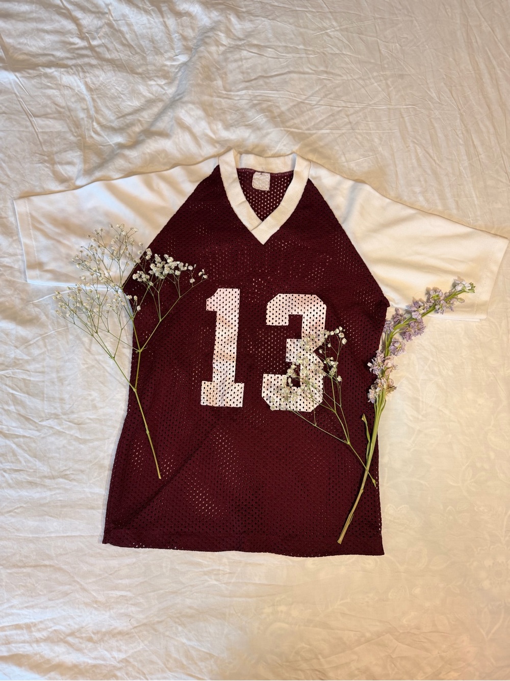 Maroon and White Mesh Football Jersey Top with Number 13